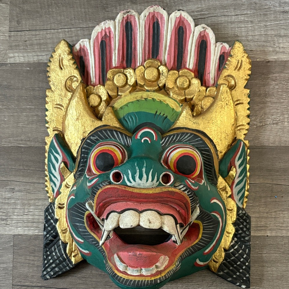 Hand-Carved Balinese Wooden Barong Mask With Intricate Details & Gold Accents